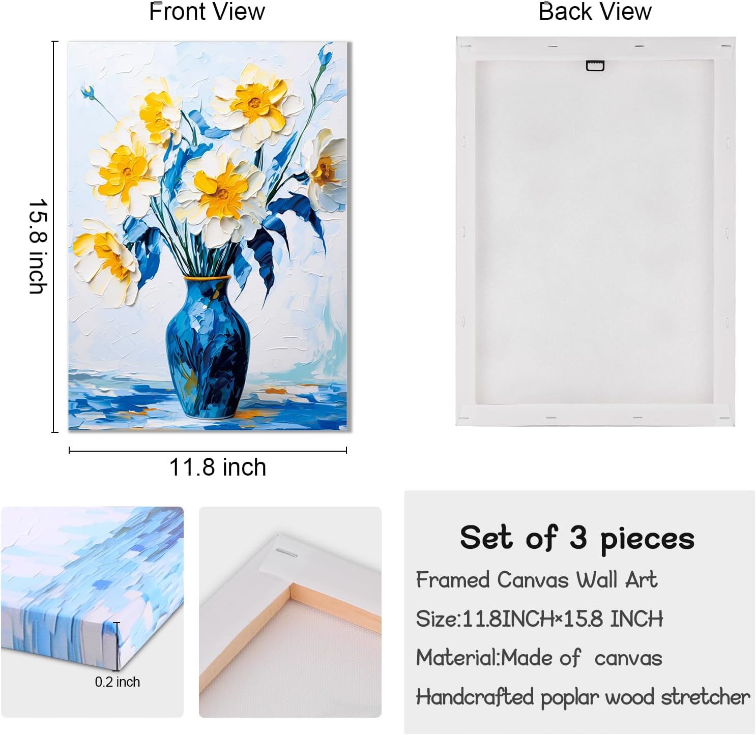 LIIGEMI 3 Piece Bedroom Flower Canvas Wall Art, Vintage Oil Painting Gallery Wall Decor Print White and Blue Daisy in Pretty Vase Picture for Kitchen or Living Room，11.8"x15.8"