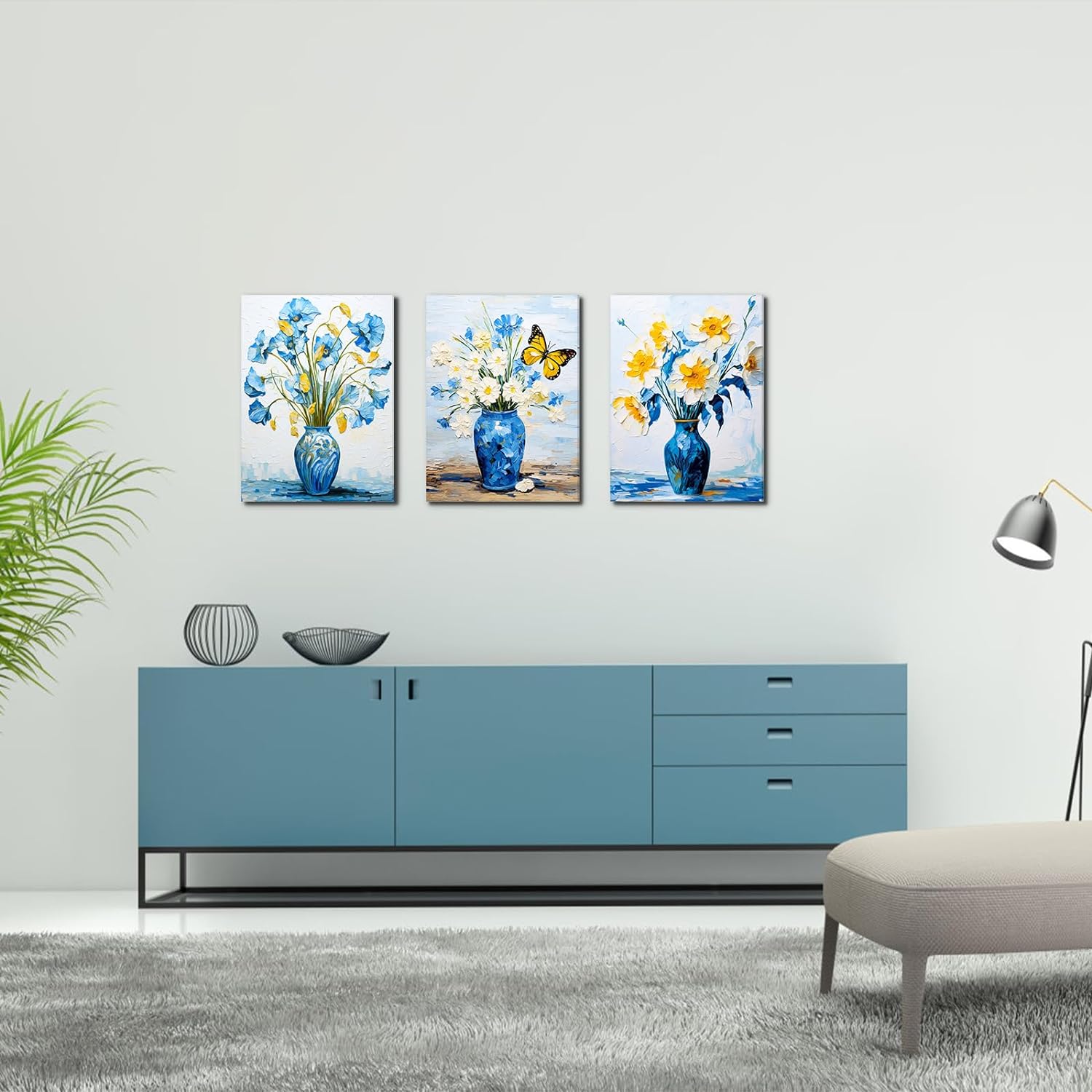 LIIGEMI 3 Piece Bedroom Flower Canvas Wall Art, Vintage Oil Painting Gallery Wall Decor Print White and Blue Daisy in Pretty Vase Picture for Kitchen or Living Room，11.8"x15.8"