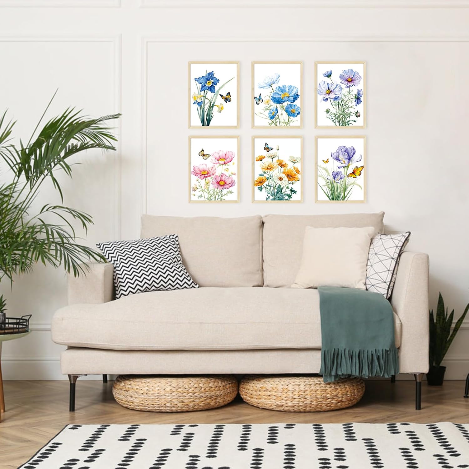 LIIGEMI Vintage Floral Wall Art -Print Blue and Pink Flower Poster with Butterfly, Plant Artwork Wall Décor Posters for Living Room Bedroom Aesthetic, Pastel Wall Pictures Décor Set of 6（ 8"x11")