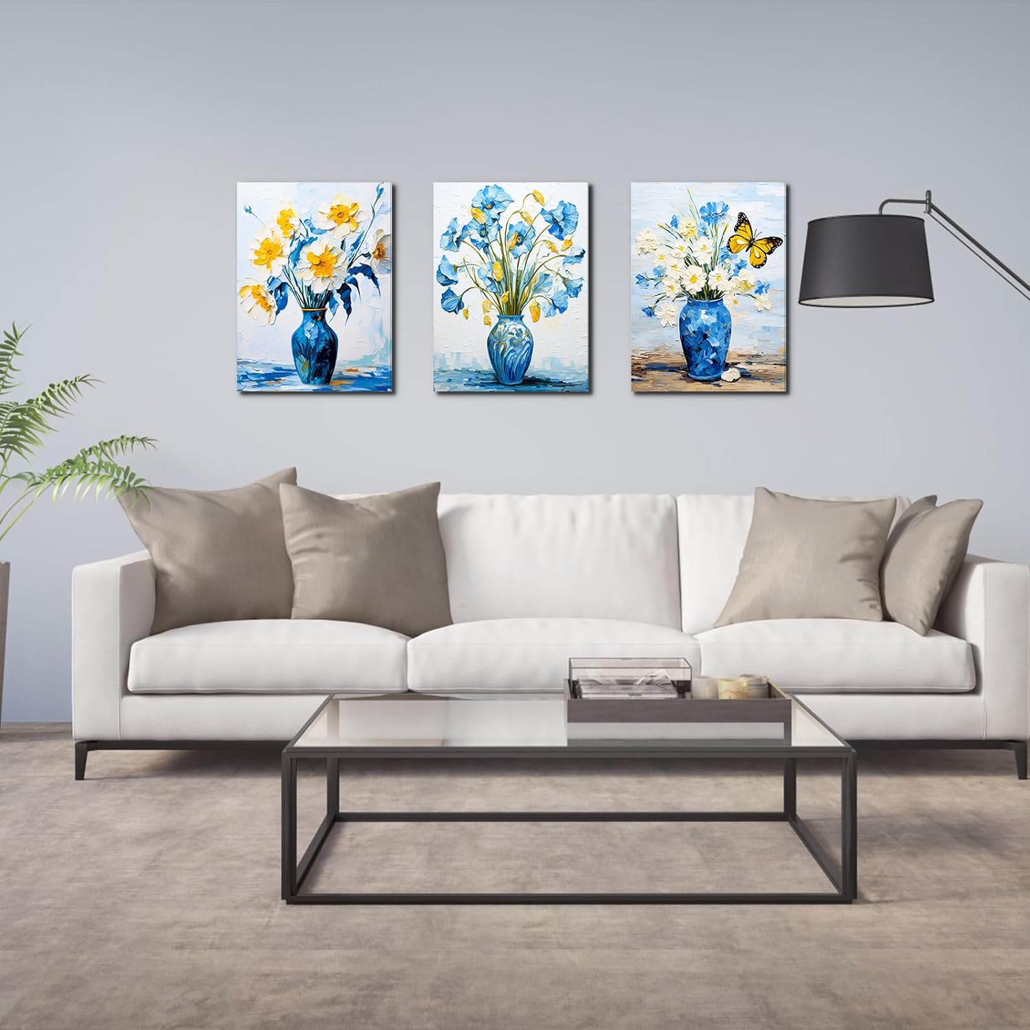 LIIGEMI 3 Piece Bedroom Flower Canvas Wall Art, Vintage Oil Painting Gallery Wall Decor Print White and Blue Daisy in Pretty Vase Picture for Kitchen or Living Room，11.8"x15.8"