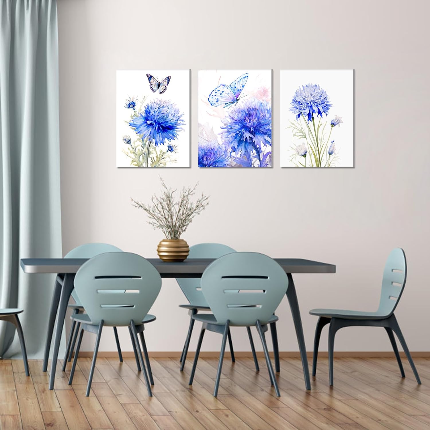 LIIGEMI Flower Canvas Wall Art-Colorful Floral Picture for Bedroom- Watercolor Blue and Purple Wildflower Canvas Décor, Nature Scenery with Butterfly Print Room Décor，11.8"x15.8" (30cmx40cm)