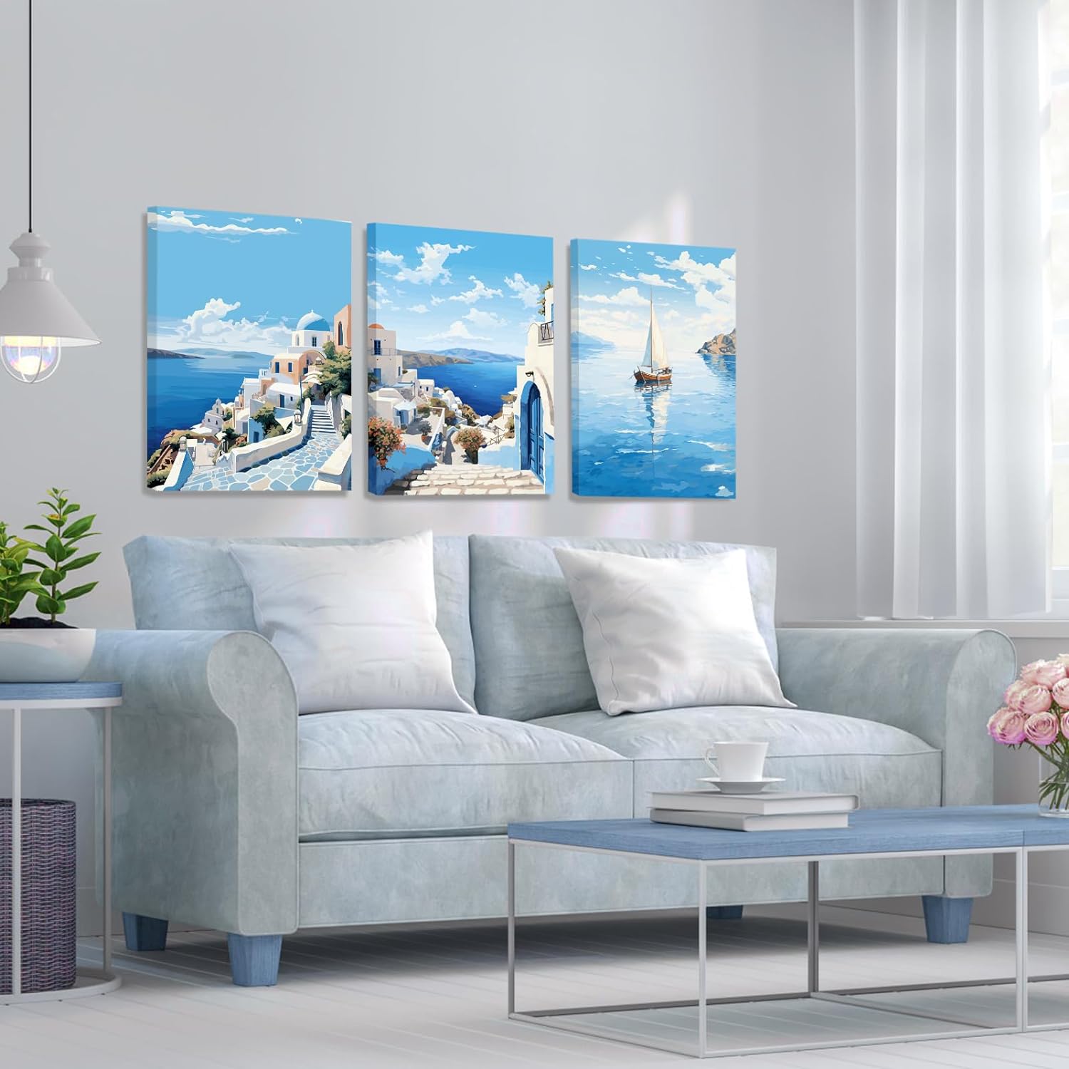 LIIGEMI Santorini Canvas Wall Art 3 Panel Wall Art Blue Ocean Beach Décor for Bedroom, Living Room Coastal Wall Art Picture Painting Romantic Vacation Style Print,11.8"x15.8" (30cmx40cm)