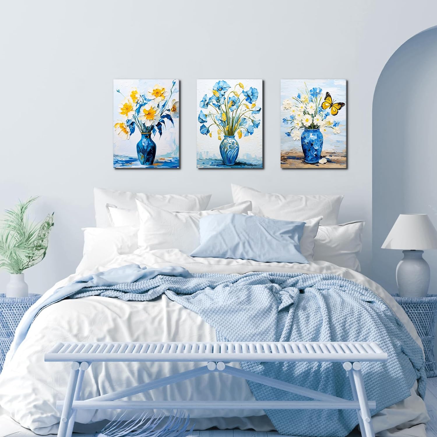 LIIGEMI 3 Piece Bedroom Flower Canvas Wall Art, Vintage Oil Painting Gallery Wall Decor Print White and Blue Daisy in Pretty Vase Picture for Kitchen or Living Room，11.8"x15.8"