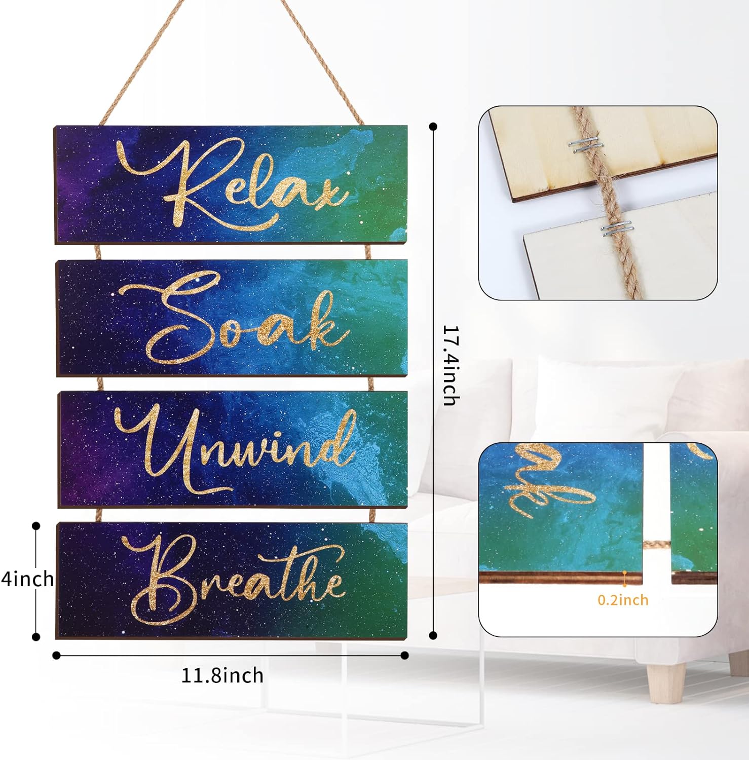 LIIGEMI 4 Pieces Bathroom Wall Decor Relax Soak Unwind Breathe Art Wooden Hanging Signs for Home Living Room Laundry Bathroom Spa Washroom (17.4 x 11.8 inch)