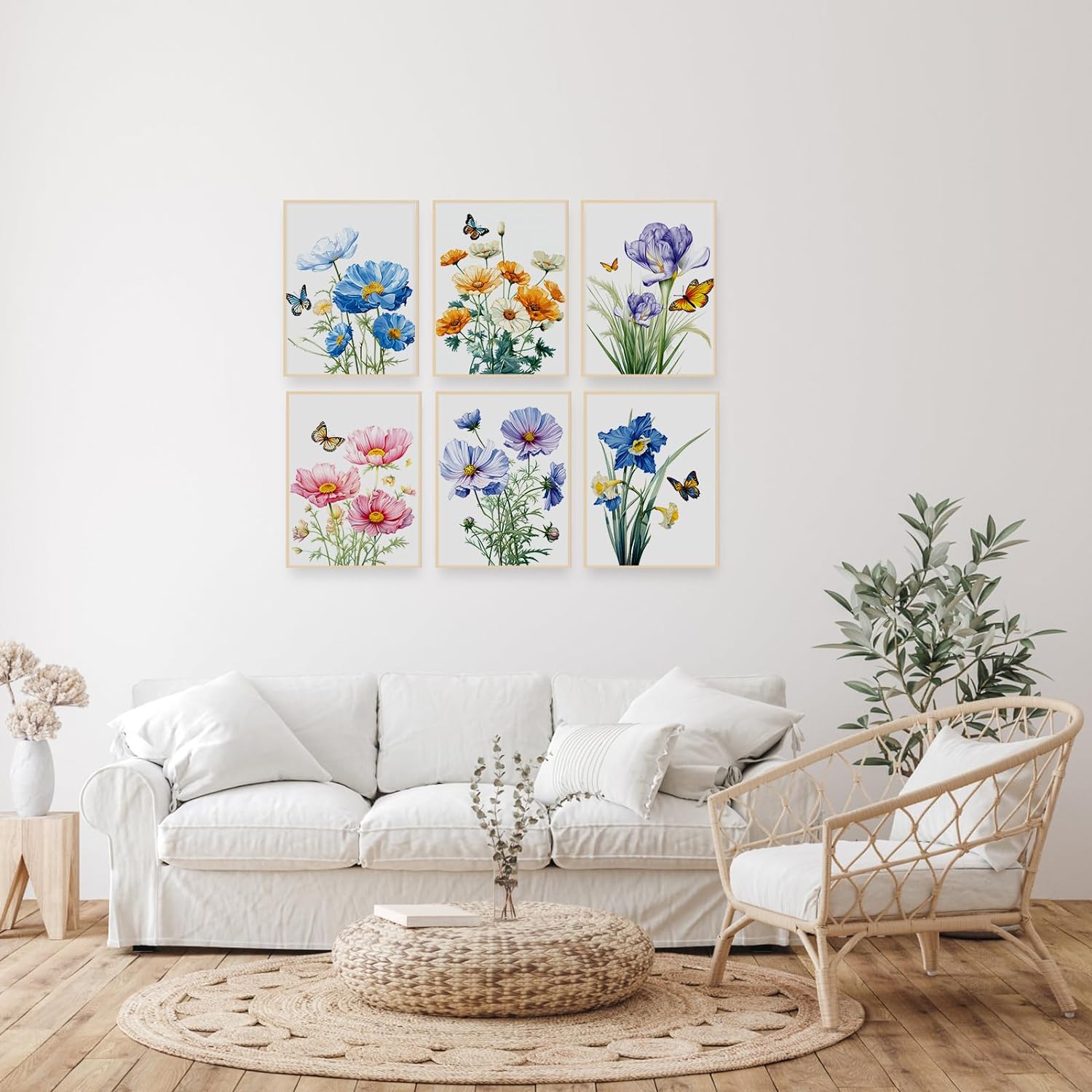 LIIGEMI Vintage Floral Wall Art -Print Blue and Pink Flower Poster with Butterfly, Plant Artwork Wall Décor Posters for Living Room Bedroom Aesthetic, Pastel Wall Pictures Décor Set of 6（ 8"x11")