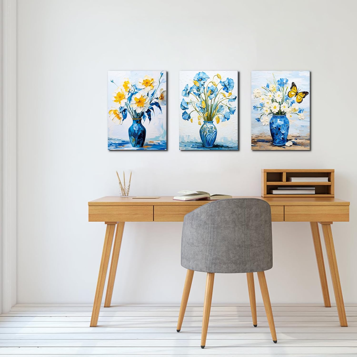 LIIGEMI 3 Piece Bedroom Flower Canvas Wall Art, Vintage Oil Painting Gallery Wall Decor Print White and Blue Daisy in Pretty Vase Picture for Kitchen or Living Room，11.8"x15.8"