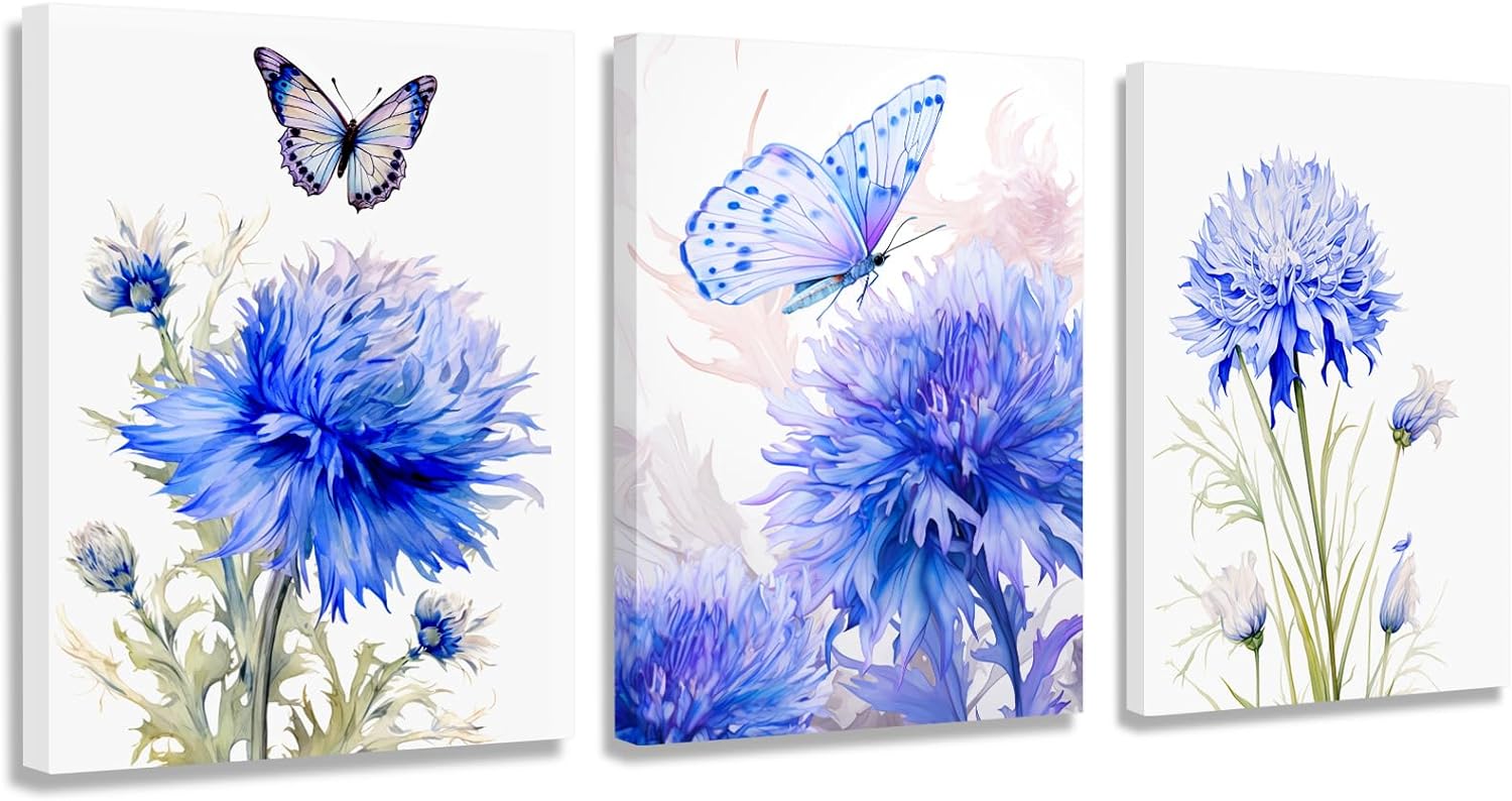 LIIGEMI Flower Canvas Wall Art-Colorful Floral Picture for Bedroom- Watercolor Blue and Purple Wildflower Canvas Décor, Nature Scenery with Butterfly Print Room Décor，11.8"x15.8" (30cmx40cm)