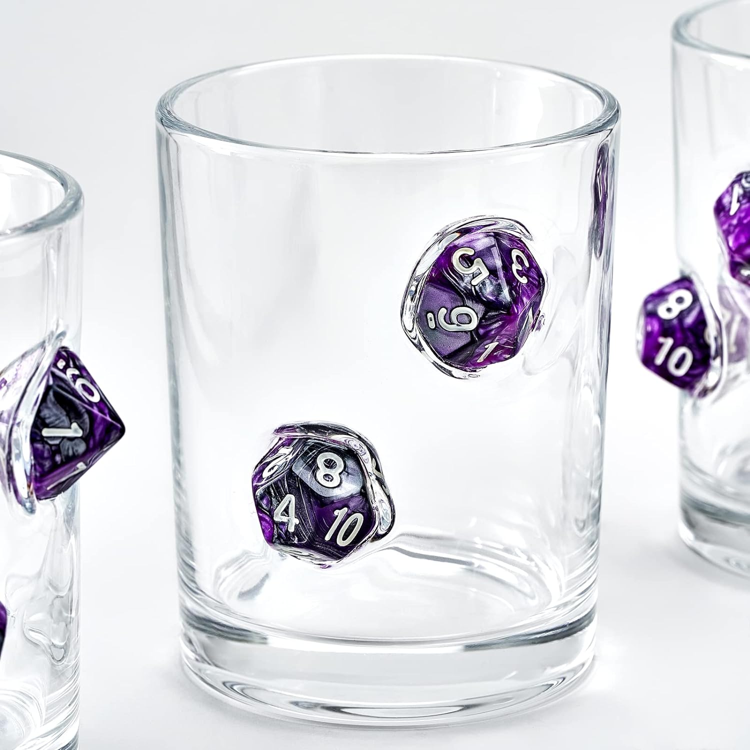 LIIGEMI Old Fashioned Glasses Set of 2,Handmade Whiskey Glass with Purple Polyhedral dices Embedded, Cocktail Glass 10oz（Purple）