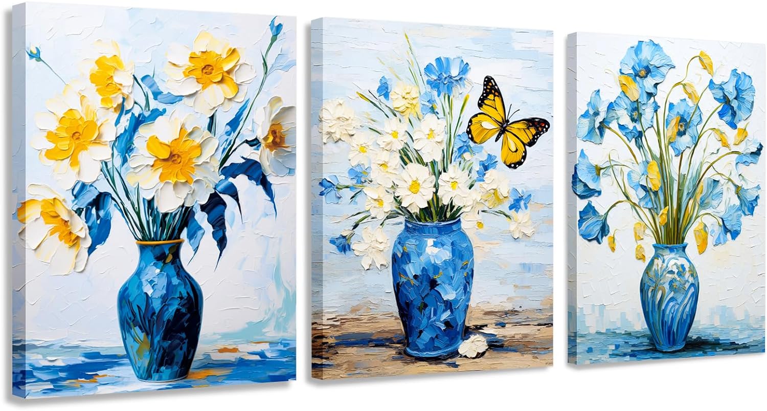 LIIGEMI 3 Piece Bedroom Flower Canvas Wall Art, Vintage Oil Painting Gallery Wall Decor Print White and Blue Daisy in Pretty Vase Picture for Kitchen or Living Room，11.8"x15.8"