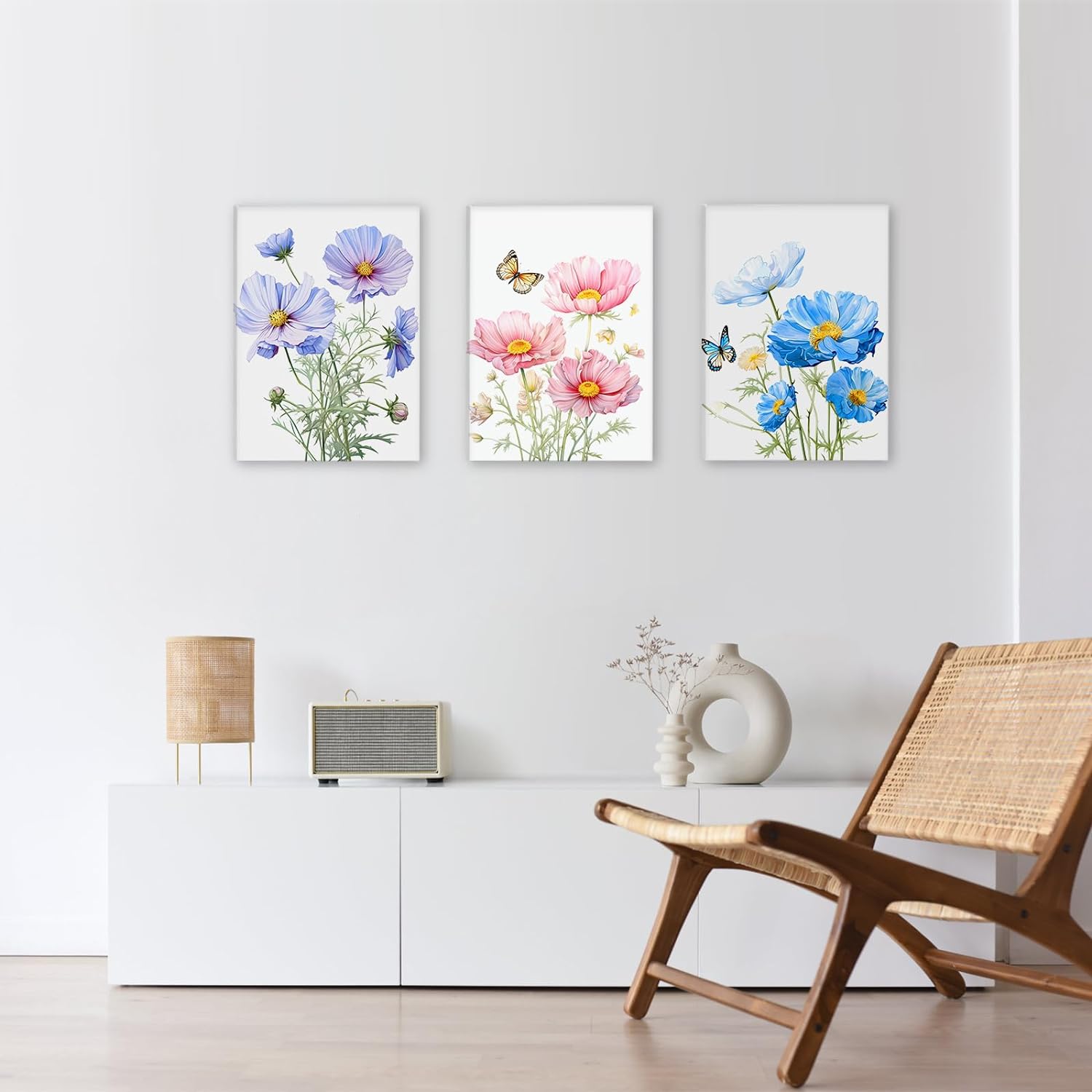 LIIGEMI Flower Canvas Wall Art-Colorful Floral Picture for Bedroom- Watercolor Blue Yellow Pink Wildflower Canvas Décor, Nature Scenery with Butterfly Print Room Décor，11.8"x15.8" (30cmx40cm)