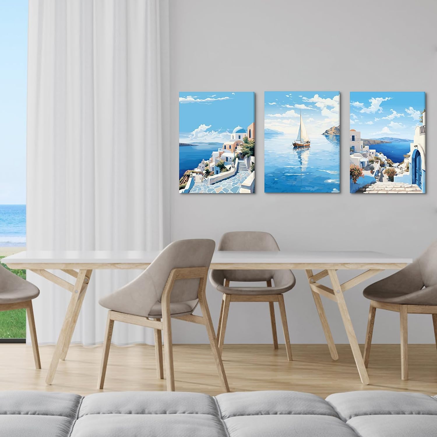 LIIGEMI Santorini Canvas Wall Art 3 Panel Wall Art Blue Ocean Beach Décor for Bedroom, Living Room Coastal Wall Art Picture Painting Romantic Vacation Style Print,11.8"x15.8" (30cmx40cm)