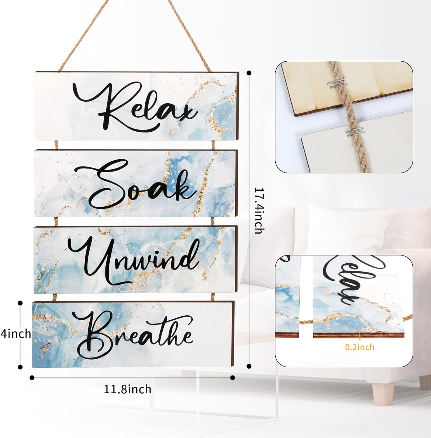 LIIGEMI 4 Pieces Bathroom Wall Decor Relax Soak Unwind Breathe Art Wooden Hanging Signs for Home Living Room Laundry Bathroom Spa Washroom (17.4 x 11.8 inch)