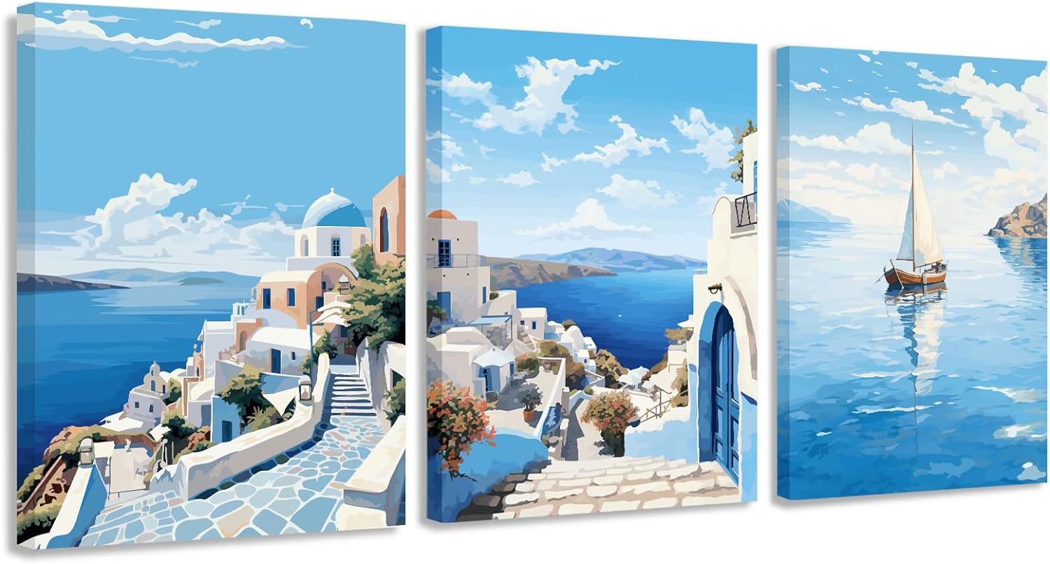 LIIGEMI Santorini Canvas Wall Art 3 Panel Wall Art Blue Ocean Beach Décor for Bedroom, Living Room Coastal Wall Art Picture Painting Romantic Vacation Style Print,11.8"x15.8" (30cmx40cm)