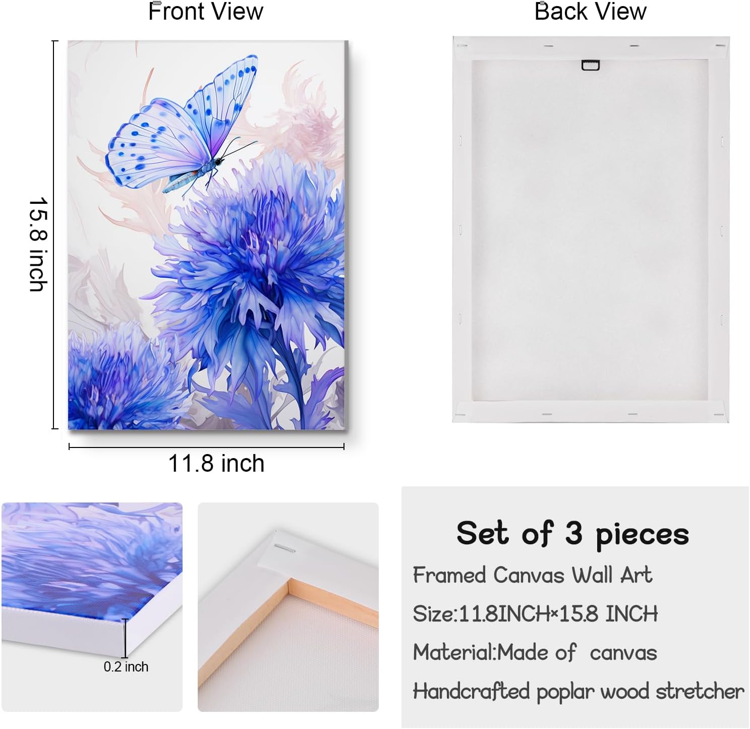 LIIGEMI Flower Canvas Wall Art-Colorful Floral Picture for Bedroom- Watercolor Blue and Purple Wildflower Canvas Décor, Nature Scenery with Butterfly Print Room Décor，11.8"x15.8" (30cmx40cm)