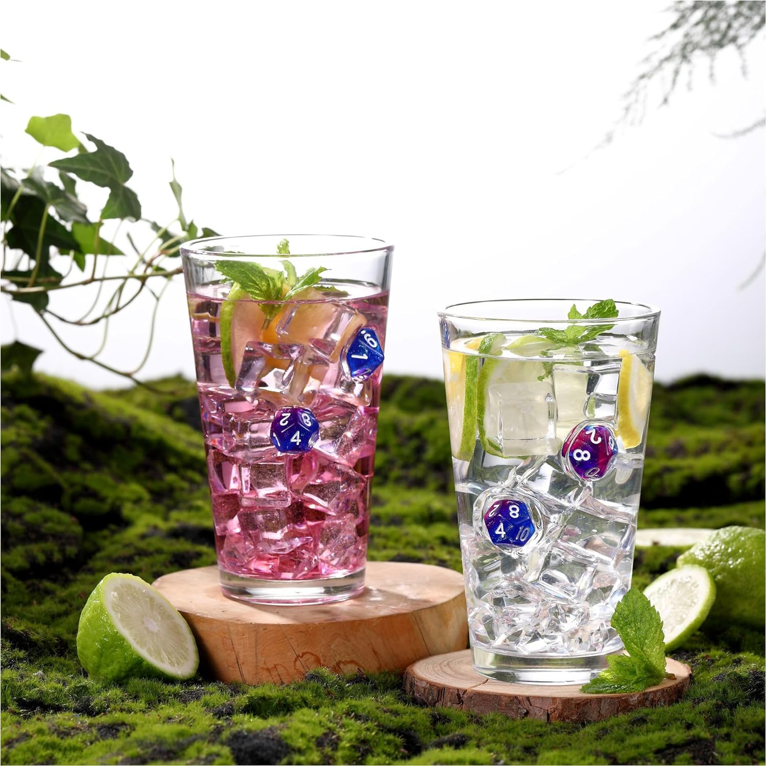 LIIGEMI Set of 2，Drinking Glasses with DND Dice Embedded,Handmade Beer Glasses, 16 oz Highball Glass Drinking Glasses,Gift for D&D or RPG Player（Blue）