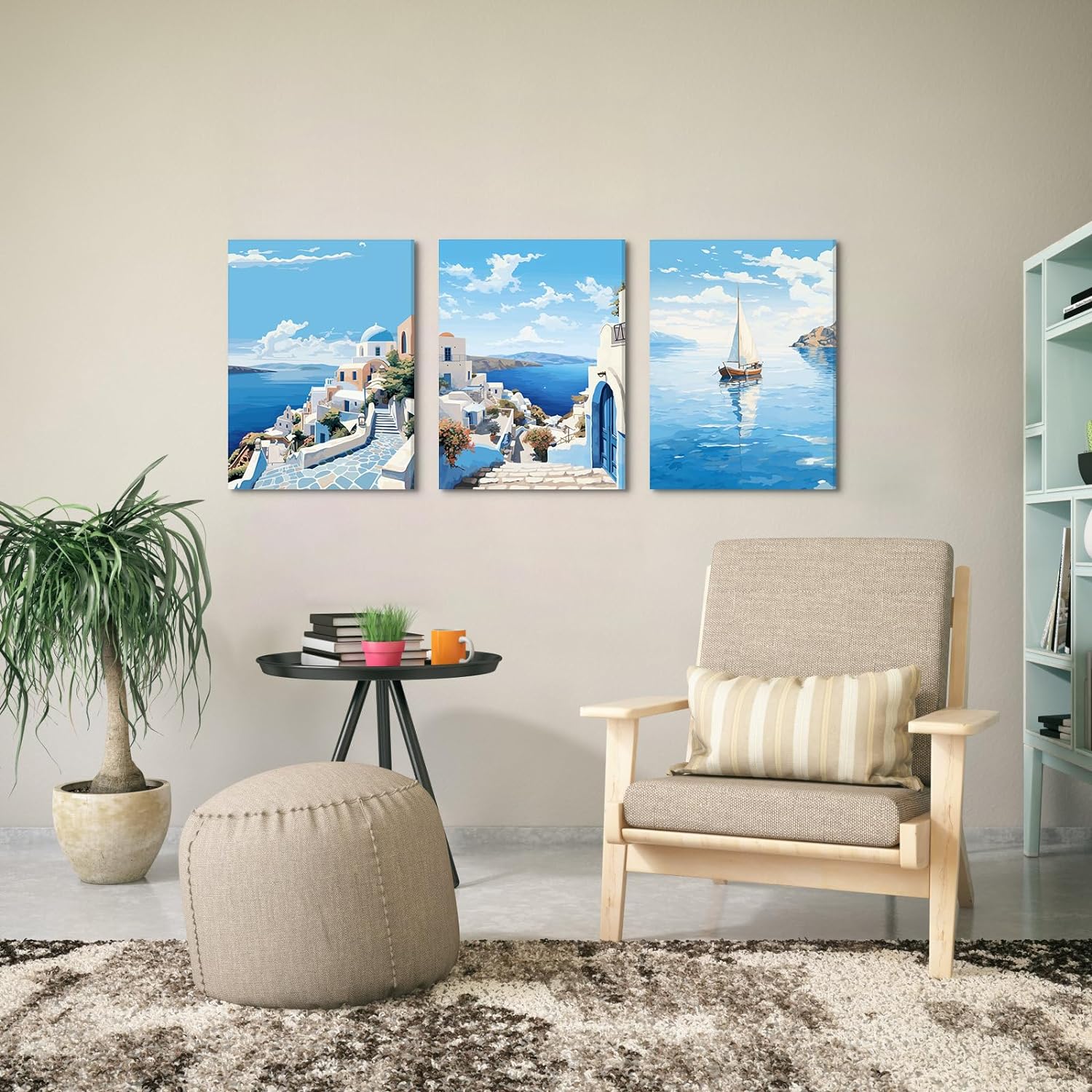 LIIGEMI Santorini Canvas Wall Art 3 Panel Wall Art Blue Ocean Beach Décor for Bedroom, Living Room Coastal Wall Art Picture Painting Romantic Vacation Style Print,11.8"x15.8" (30cmx40cm)