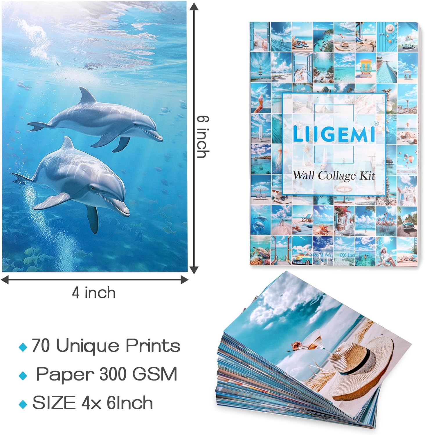 LIIGEMI 70PCS Blue Wall Collage Kit Aesthetic Pictures, Summer Beach Collage Print Kit, Bedroom Decor for Teen Girls, VSCO Girls Bedroom Decor, Aesthetic Posters，70 Set 4x6 Inch (Blue)