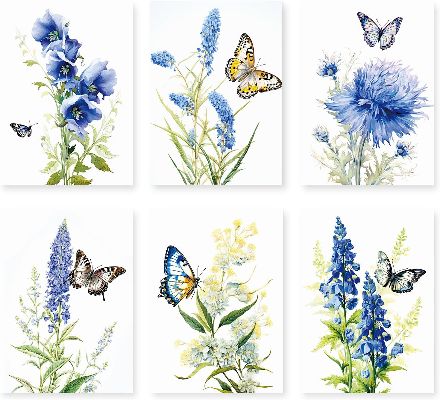 LIIGEMI Set of 6 Vintage Floral Wall Art,Purple and Blue Flower Poster with Butterfly,Plant Artwork Wall Décor Posters for Living Room Bedroom Aesthetic,Wall Pictures Decor (8"x11" Unframed)